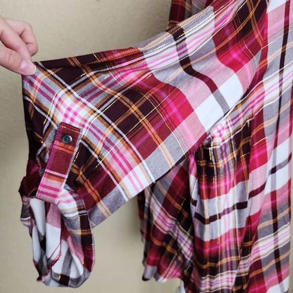 Intro. NWT Plaid Shirt Womens 3X Pink Black Rayon Flannel Button Up Tunic Top - Picture 4 of 10